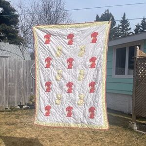 1950s Handmade Baby Quilt with Kittens & Puppies, Yellow and Red